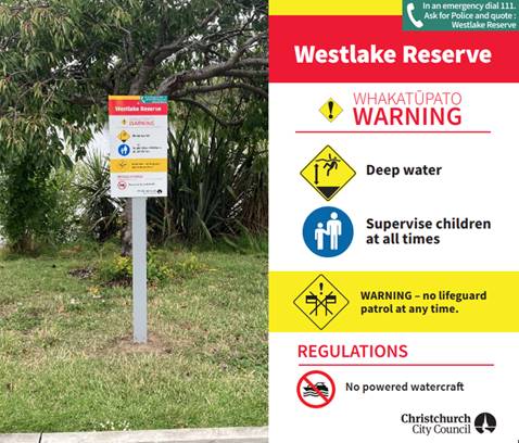 An image of Westlake Reserve warning signage noting, deep water, supervise children at all times, no lifeguard patrol at anytime, and no powered watercraft and an image of signage at Westlake.