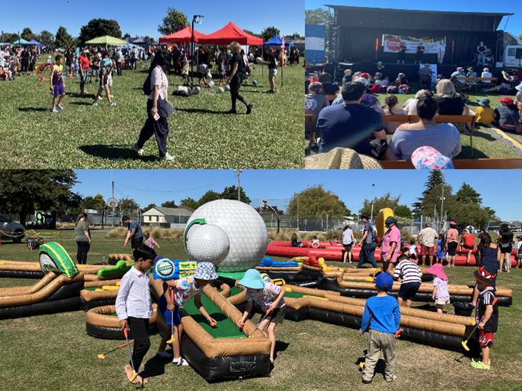 A collage of three images of people playing in an outdoor event and facing an outdoor stage, listening to speakers.
