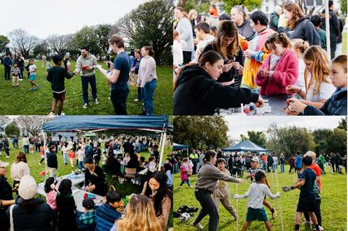 A collage of four images from the Matariki celebration at Harrington Park. People are receiving prizes, bead making, at a craft table and playing rakāu/stick games.

