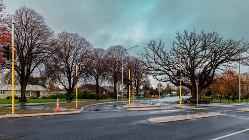 Yaldhurst, Riccarton and Main South roads intersection showing a new layout and traffic signals for vehicles travelling from Main South Road onto Riccarton Road.

