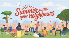 A Summer with your Neighbours graphic of an outside gathering of people sharing food together.