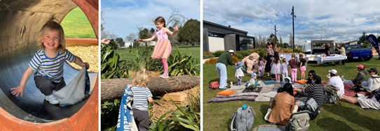 A collage of children playing outside, a child in a tube, a child walking across a log a and a group of children standing and sitting clapping hands with a librarian.