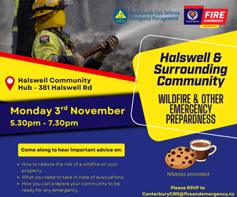Fire and Emergency New Zealand (FENZ) Emergency Halswell Event Poster with an image of a firefighter