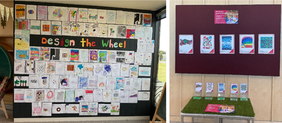 A collage of Wycola Skate Park Art Design entries on a wall and an image of a display of the competition finalists.