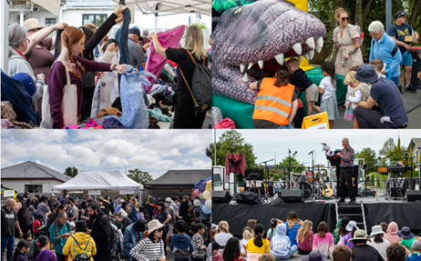 Images of groups of people outside, looking through clothes tables, walking and waiting in front of different stalls, children watching a magician show and children climbing on dinosaur structure.