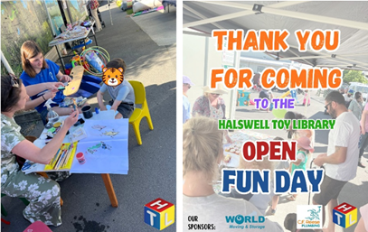A child sitting having their face painted with two adults, and a Halswell Toy Library Open Fun Day poster with the text thank you for coming.