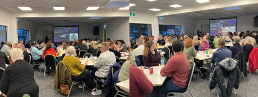 Two images of a large group of people sitting at tables looking at a quiz questions on a large screen at the back of the room.

