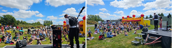 Two images of a person standing on stage, performing outside on a grass area, in front of a large group of people