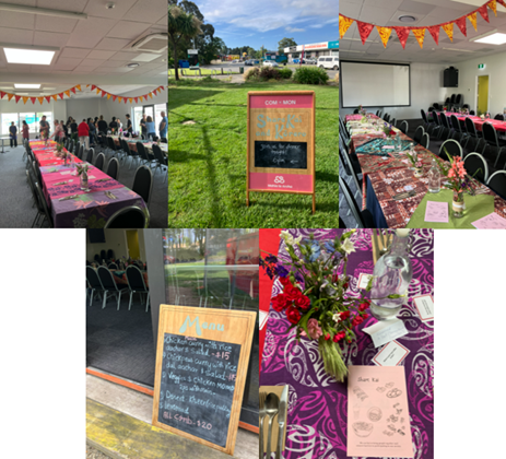 A collage with two images of a room with a large table and chairs from two angles, a signage board outside on a grassed area and beside a building door, and a view of a table with flowers, water, utensils and conversation cards.