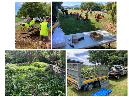 A four-photo collage. Top left photo features volunteers spreading mulch with wheelbarrows and shovels; top right shows students sitting on grass near a table with tools and wooden boxes; bottom left displays a lush garden area with dense greenery and a small path; bottom right captures a trailer and truck parked on grass with equipment.