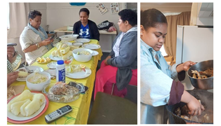 A photograph of a variety of dishes laid out on a table along with people seated and a photograph of a person cooking in a kitchen. 