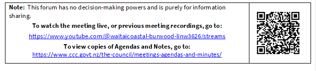 Note:  This forum has no decision-making powers and is purely for information sharing.
To watch the meeting live, or previous meeting recordings, go to:
https://www.youtube.com/@waitaicoastal-burwood-linw3626/streams
To view copies of Agendas and Notes, go to:
https://www.ccc.govt.nz/the-council/meetings-agendas-and-minutes/
 

