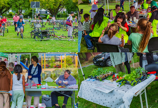 A photograph collage showing the Connect event with various activities including children riding bikes on grass, children seated having their faces painted, three individuals serving food from a table, and a table displaying fresh vegetables.