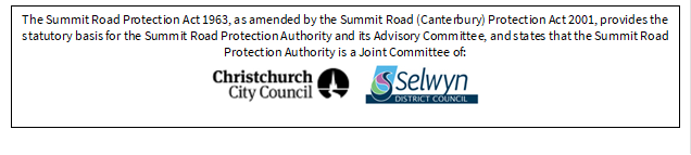 The Summit Road Protection Act 1963, as amended by the Summit Road (Canterbury) Protection Act 2001, provides the statutory basis for the Summit Road Protection Authority and its Advisory Committee, and states that the Summit Road Protection Authority is a Joint Committee of:
  
  

