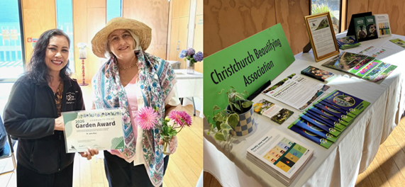Photograph showing two people holding a 2026 Garden Award an certificate and a bouquet of flowers. A second photograph displays a table with promotional materials, brochures, and a green sign labeled "Christchurch Beautifying Association," highlighting community involvement and gardening promotion.