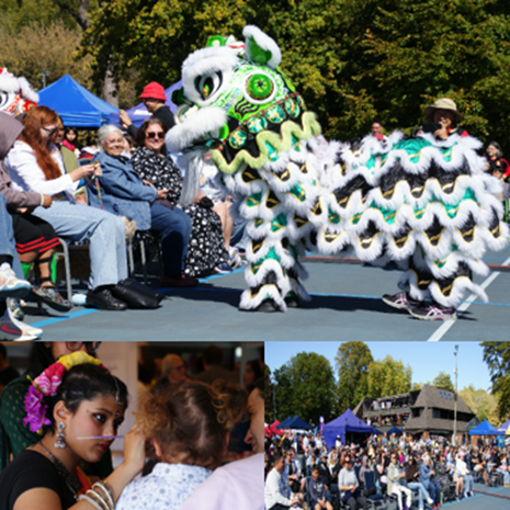 Photograph collage featuring: A traditional Chinese lion dance with performers in a white, green, and black lion costume entertaining a seated audience, a close-up interaction of a person painting a child's face, and a wide shot of a large crowd gathered with tents and a building in the background under a blue sky.