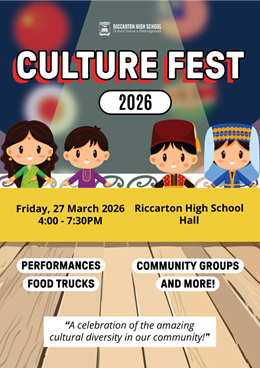 Flyer for Culture Fest 2026 at Riccarton High School Hall on Friday, March 27, from 4pm to 7.30pm, featuring cartoon children in traditional cultural attire under spotlight. 